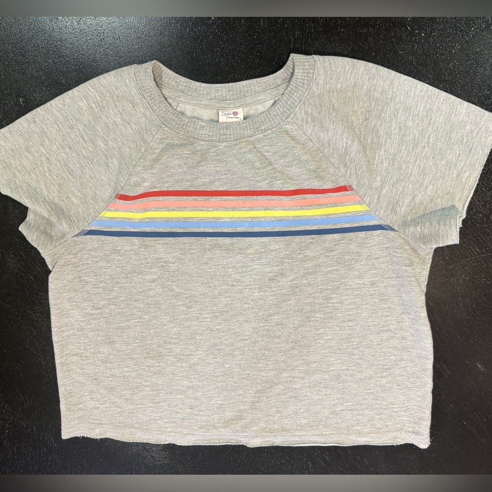Secret Treasure sweatshirt/terrycloth short sleeve top. Gray w/ stripes. size XS